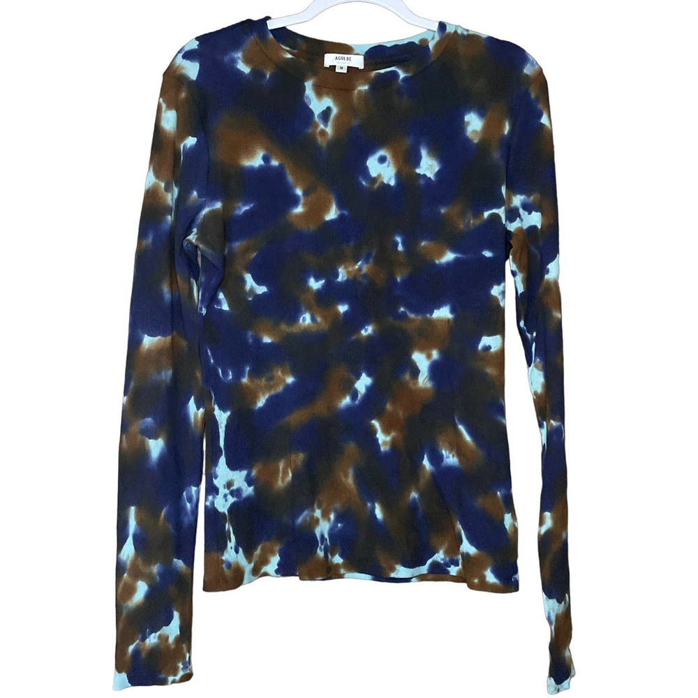 Agolde Long Sleeve Ribbed Tee Brown Blue Tie Dye Size Medium